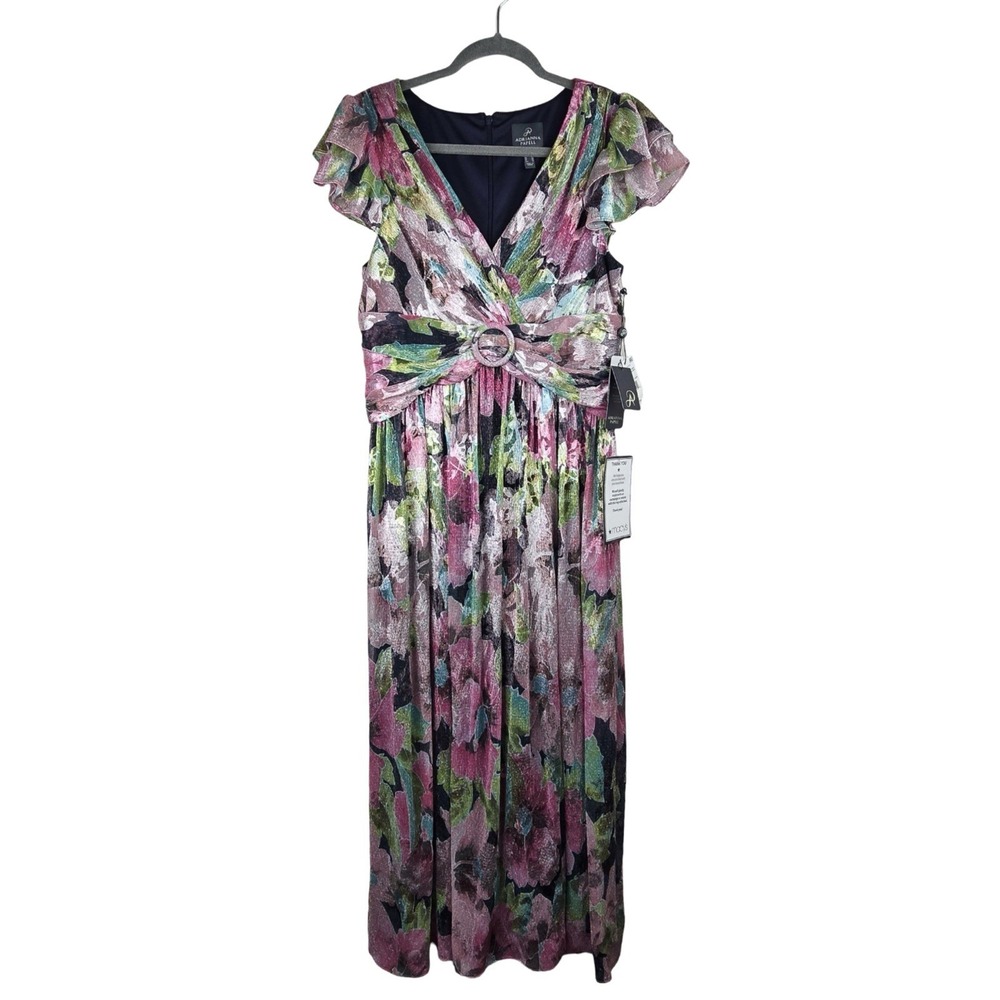 Adrianna Papell Floral Metallic Crinkle Ring Midi Dress Size 12